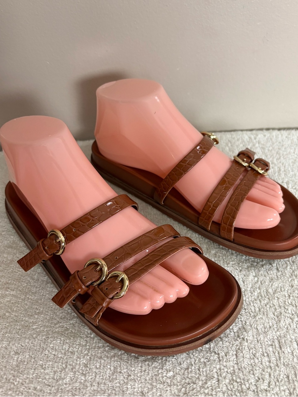 Women's J CREW Brown CROC EMBOSSED Three Strap SLIDE Summer SANDALS  9